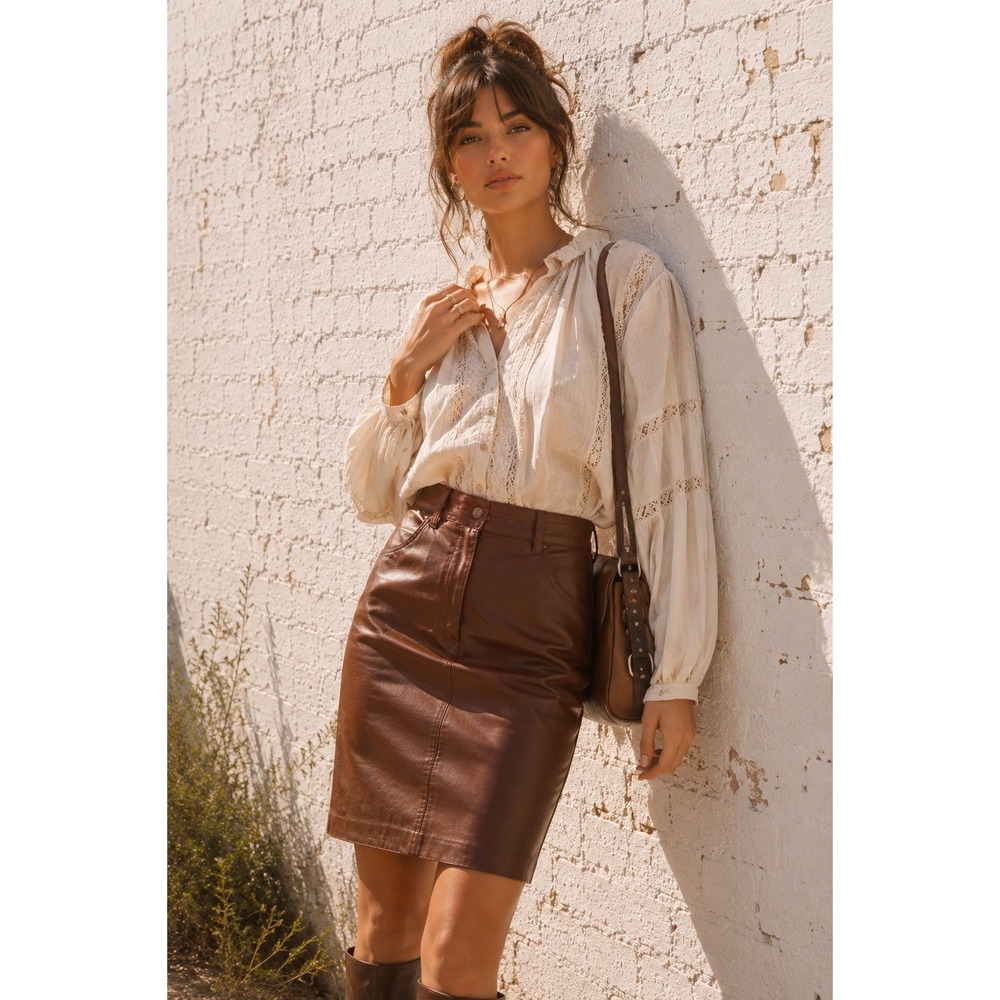 Vintage Excelled Brown Leather Pencil Skirt High Waisted Size 10